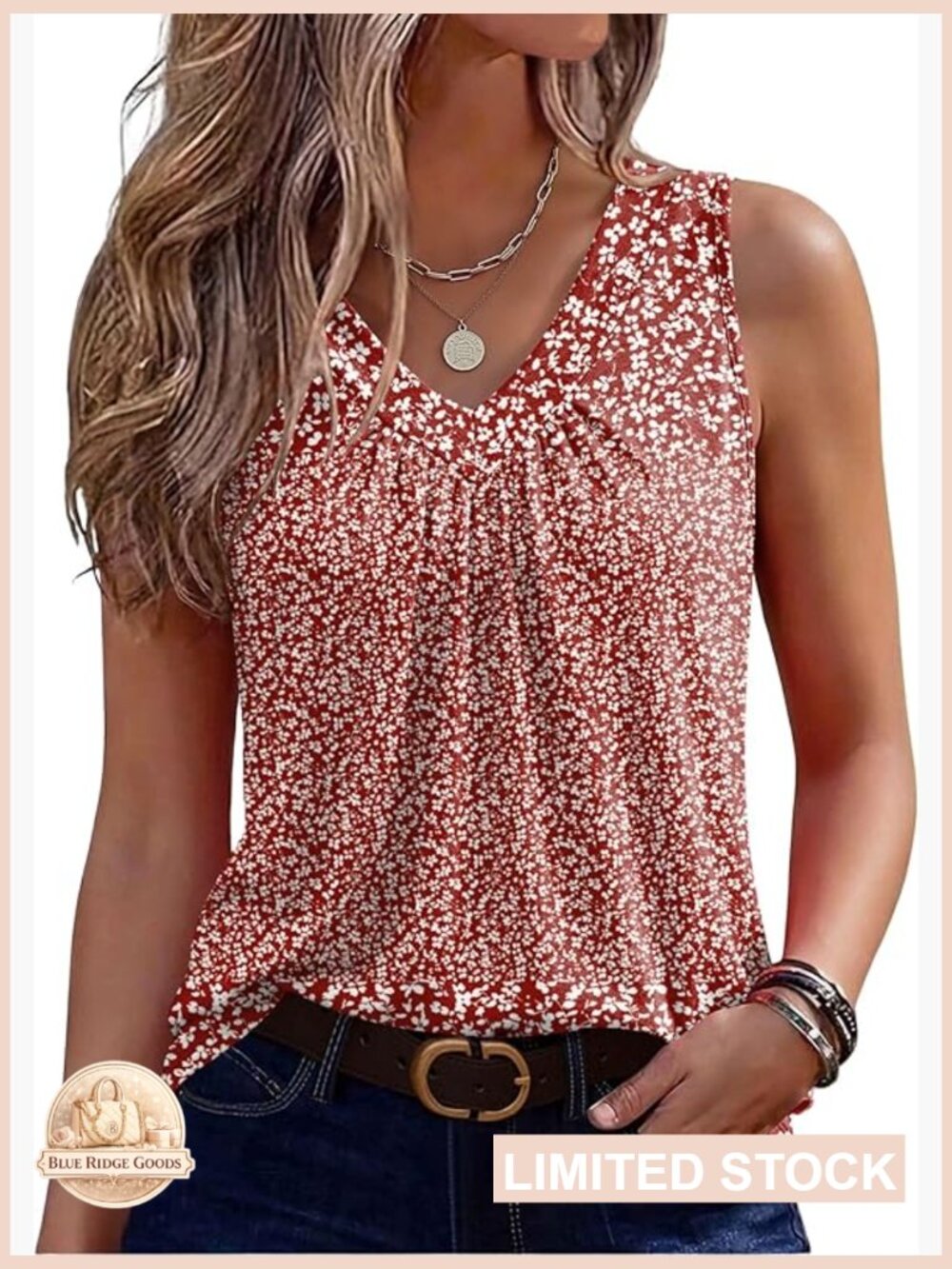 Womens Loose Fit Pleated Tank Top Casual V Neck Sleeveless Summer Blouse